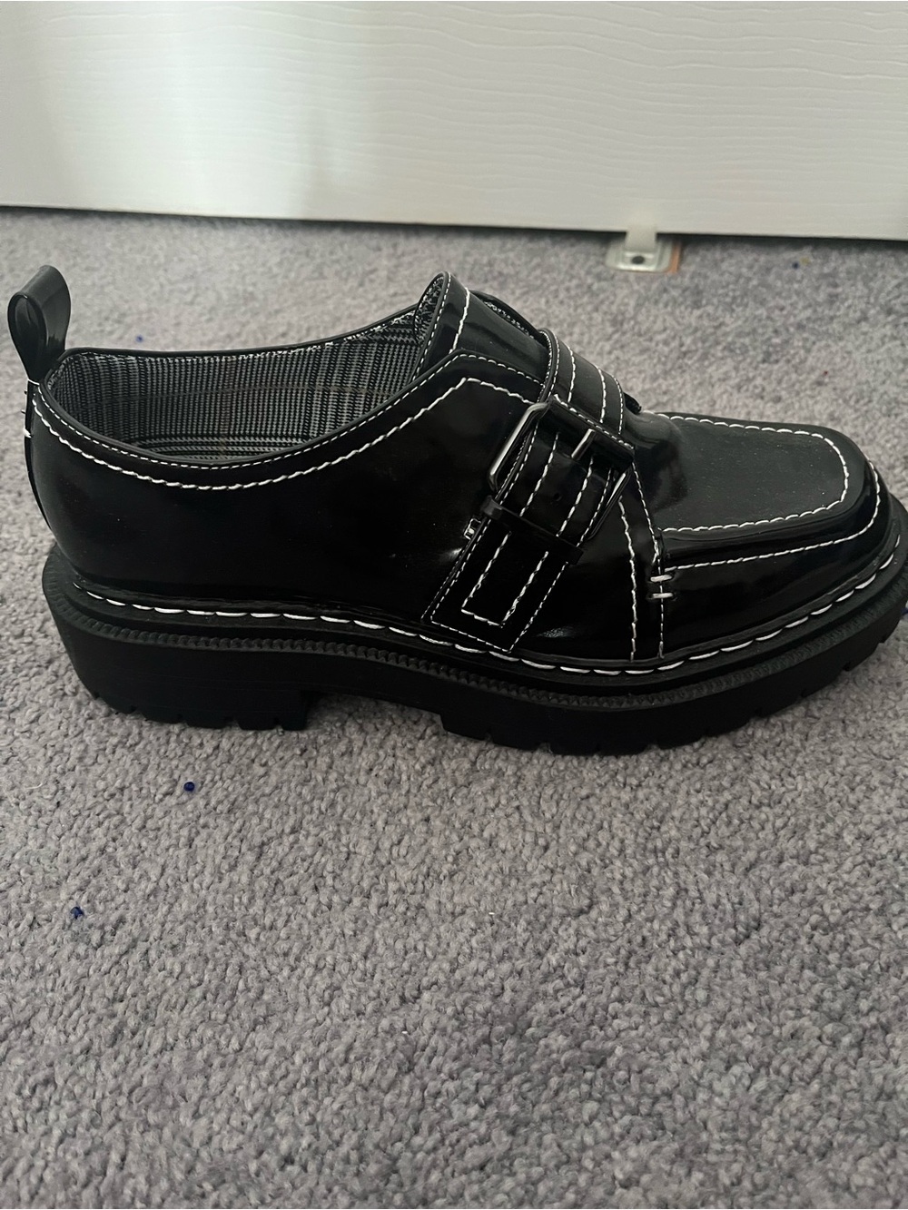Circus by Sam Edelman Black Patent Platform Loafers with White Stitching